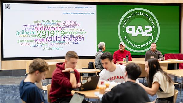 Sustainability Action Planning Committee word art on display in the Dyson Center Atrium. 